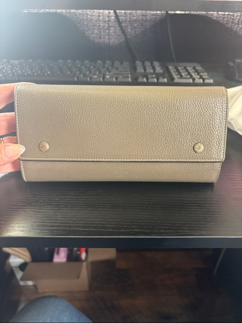 Celine Taupe Pebbled Leather Fold-Over Wallet